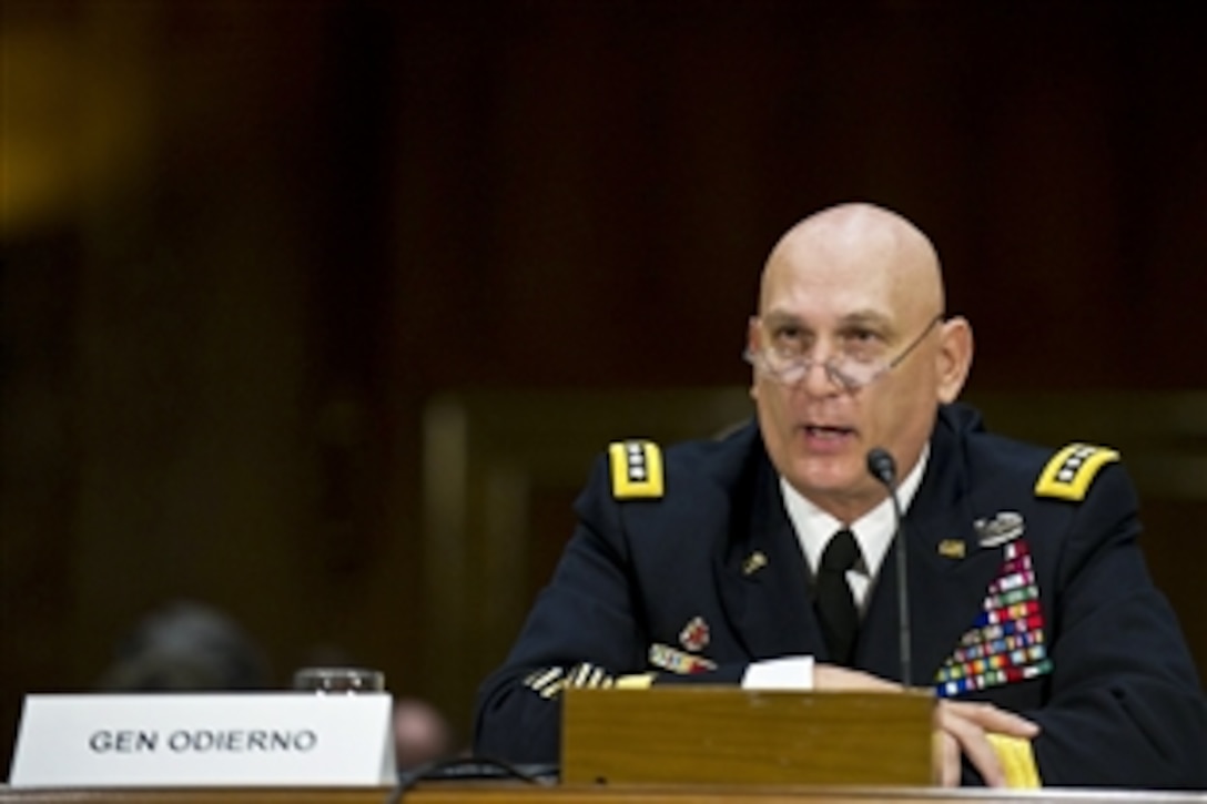 Army Chief of Staff Gen. Raymond T. Odierno testifies on the 2013 defense budget request  before the Senate Armed Services Committee in Washington, D.C. March 8, 2012.
