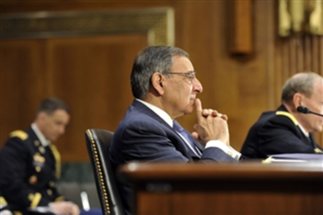 Secretary of Defense Leon E. Panetta and Chairman of the Joint Chiefs of Staff Gen. Martin E. Dempsey testify in a hearing before the Senate Armed Services Committee on the situation in Syria on March 7, 2012.  