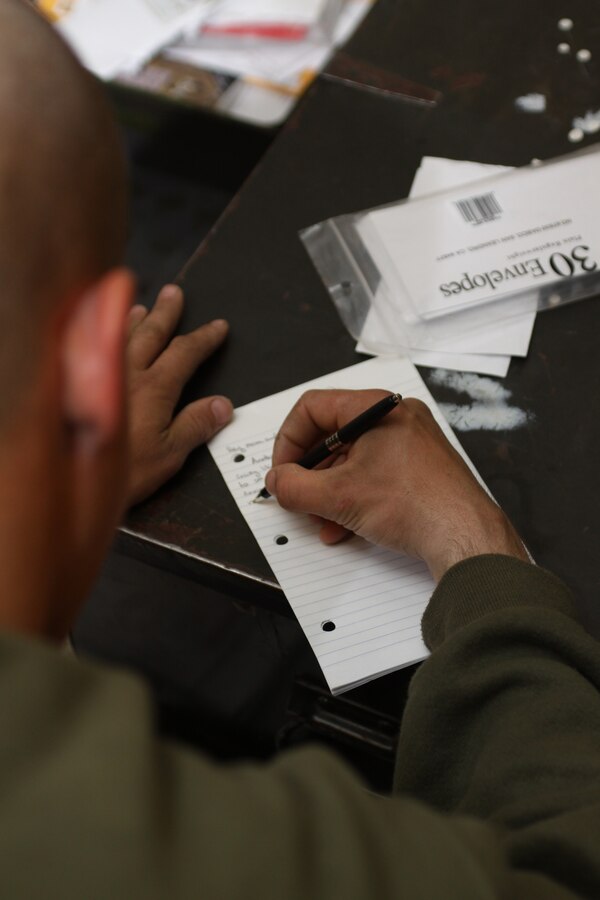 Recruit Nathan Eckerdt, Platoon 3226, Company K, 3rd Recruit Training Battalion, write a letter to his family and friends March  8 during his 'square away time' aboard Marine Corps Recruit Depot San Diego. Many recruits like to share the experiences they've had aboard the depot with their friends and family through letters since it's their only form of communication with the outside world while they are training.