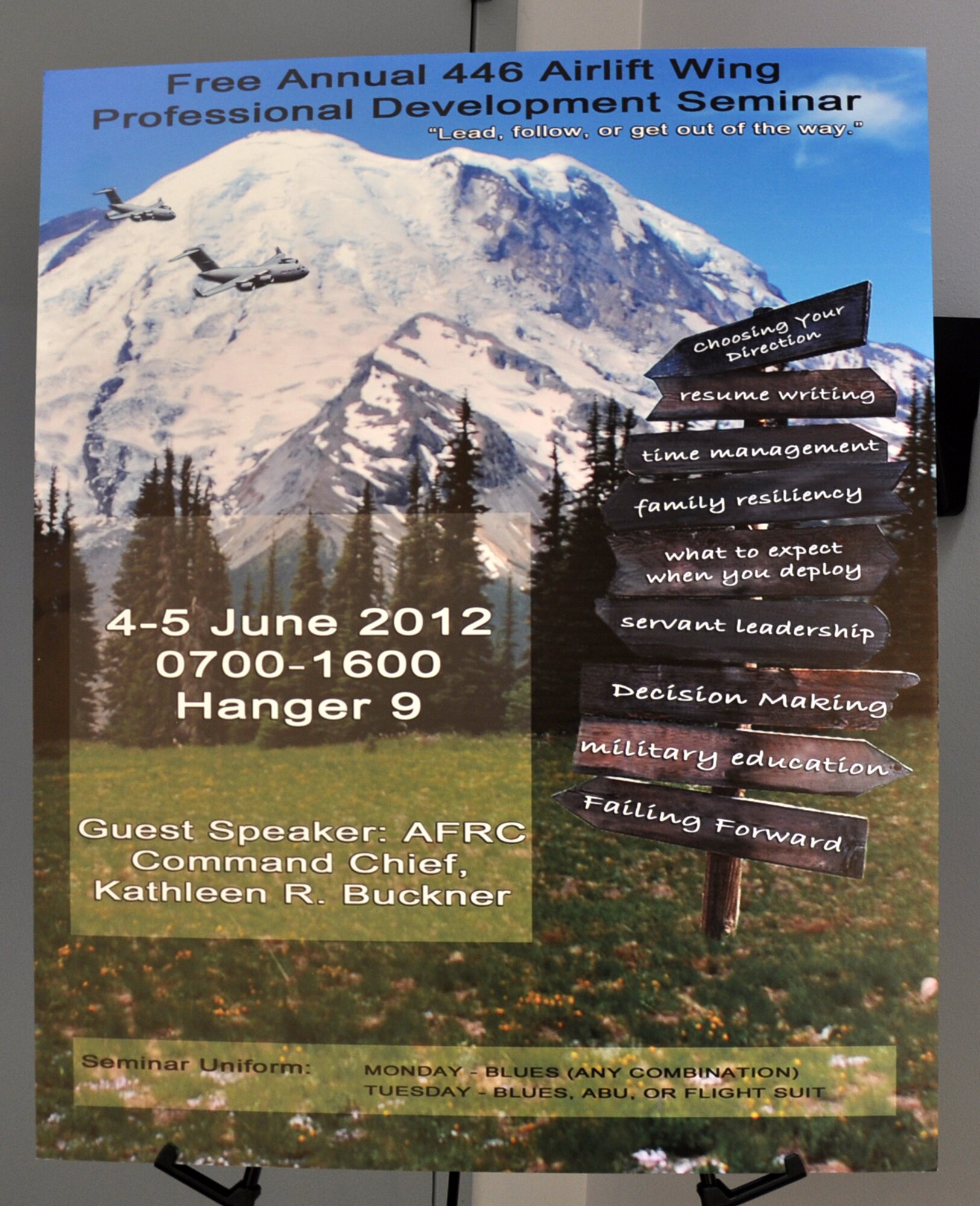 The 2012 446th AW Professional Development Seminar will be June 4-5, in Hangar 9 at McChord Field, Wash.