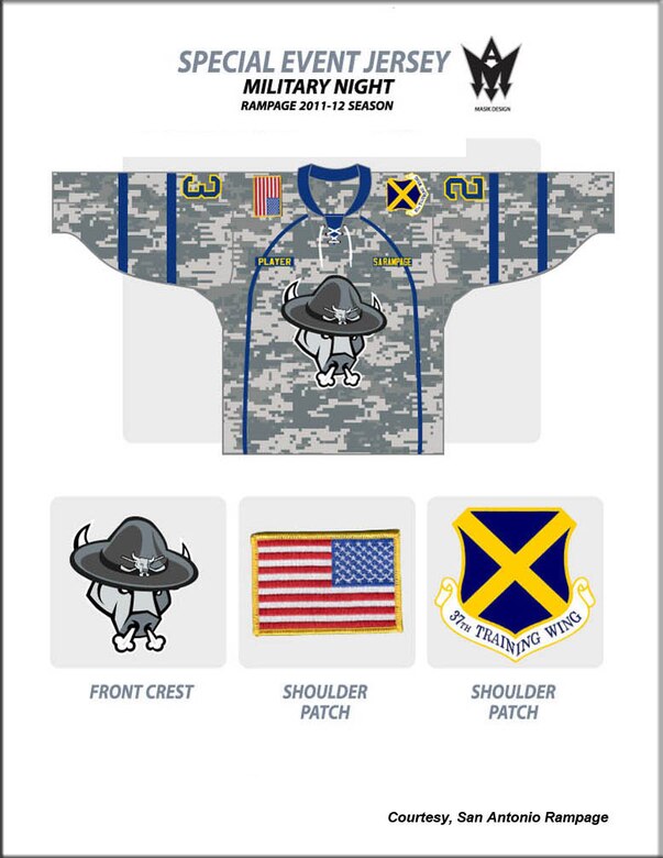 An illustration of uniforms worn by San Antonio Rampage hockey players during Military Appreciation Night at the AT&T Center. (Courtesy, SA Rampage Media)
