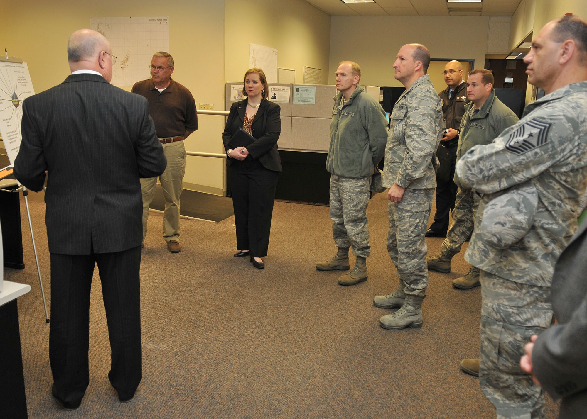 Under Secretary of the Air Force Erin Conaton receives a briefing from 548th Intelligence, Surveillance and Reconnaissance Group leadership during a tour of Beale Air Force Base, Calif., March 7, 2012. During her tour, Conaton was briefed on numerous squadron, group and wing functions highlighting Beale's ISR missions.  (U.S. Air Force photo/Staff Sergeant Jonathan Fowler/Released)