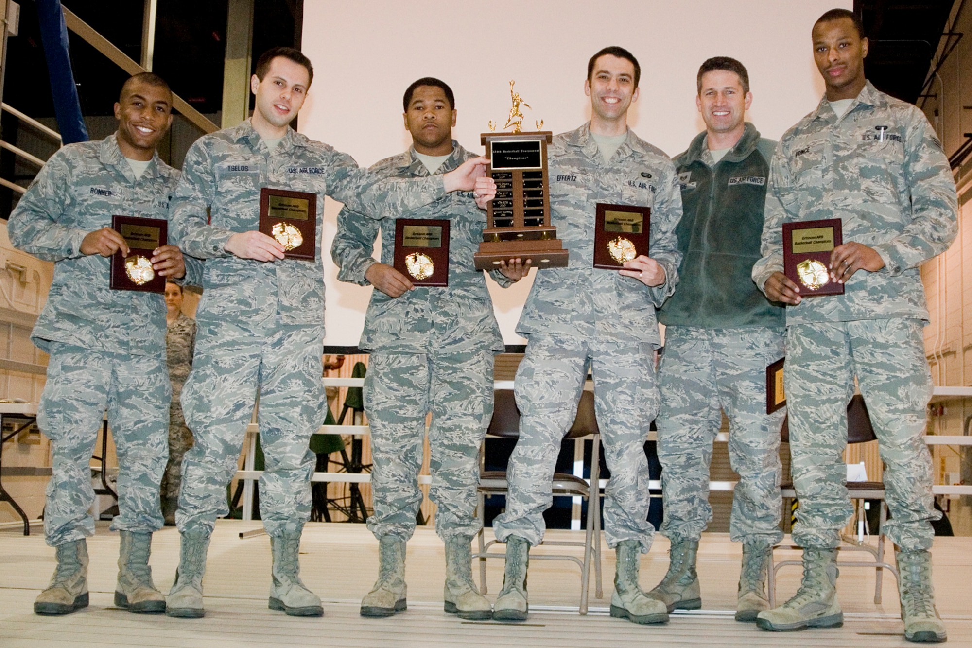 GRISSOM AIR RESERVE BASE, Ind. -- The 434th Force Support Squadron defeated the 434th Civil Engineer Squadron to claim the 2012 intramural basketball championship. The FSS players from the right are, Dionta Bonner, George Tselos, Arieon Clayton, Christopher Effertz, Martin Bragg, and Brandon Prince. (U.S. Air Force photo/Staff Sgt. Carl Berry)