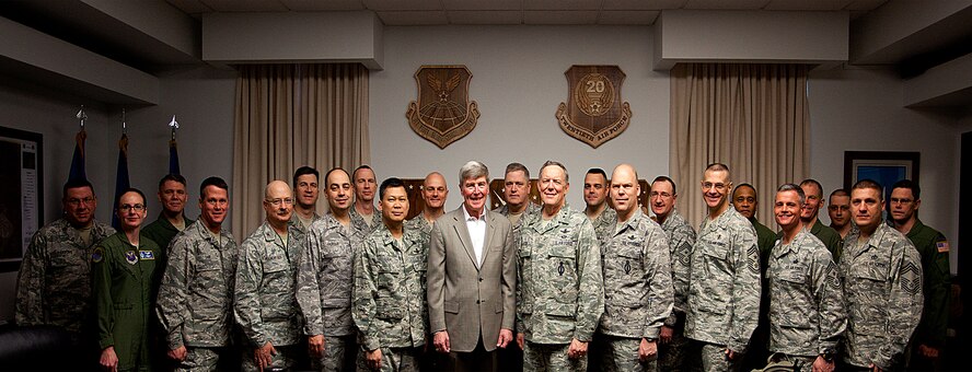 Maj. Gen. C. Donald Alston, 20th Air Force commander, poses for a group photograph with a portion of the more than 25 Air Force ICBM nuclear enterprise leaders gathered here March 6 during the 20th Air Force Spring Conference. (U.S. Air Force photo by Matt Bilden)