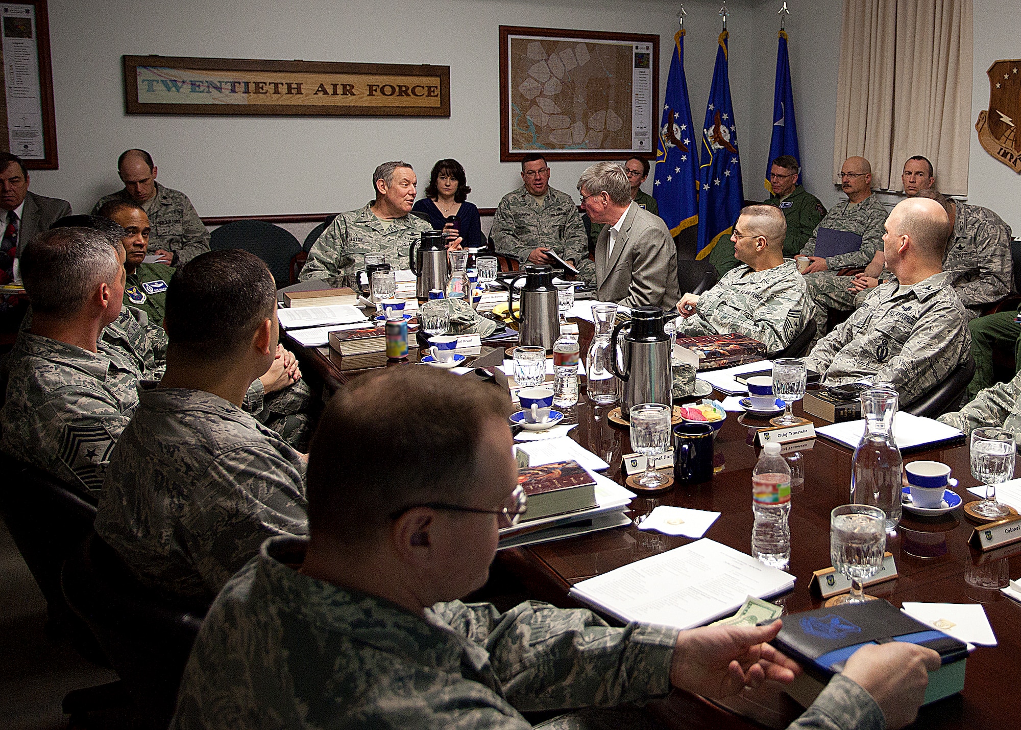 More than 25 Air Force ICBM nuclear enterprise leaders gathered here March 6 and 7 for the 20th Air Force Spring Conference to discuss the state of the force. Here Maj. Gen. C. Donald Alston, 20th Air Force commander, confers with Air Force nuclear enterprise leaders during the conference. (U.S. Air Force photo-illustration by Matt Bilden)