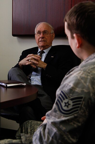 Retired Chief Master Sergeant of the Air Force Sam E. Parish shares his knowledge and experience on leadership with the Mentorship Team at the 911th Airlift Wing, March 3, 2012. Parish believes shared knowledge is total power, and leadership sharing the knowledge is the ultimate key. (U.S. Air Force photo/Airman 1st Class Justyne Obeldobel/Released)