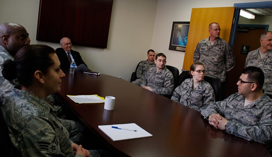 Retired Chief Master Sergeant of the Air Force Sam E. Parish attends a “Mentorship Team Project” meeting held in the Finance Building of 911th Airlift Wing, March 3, 2012. The Mentorship Team Project is involved with contacting past Chief Master Sergeants of the Air Force to ask them about their experiences dealing with leadership and teamwork. (U.S. Air Force photo/Airman 1st Class Justyne Obeldobel/Released)