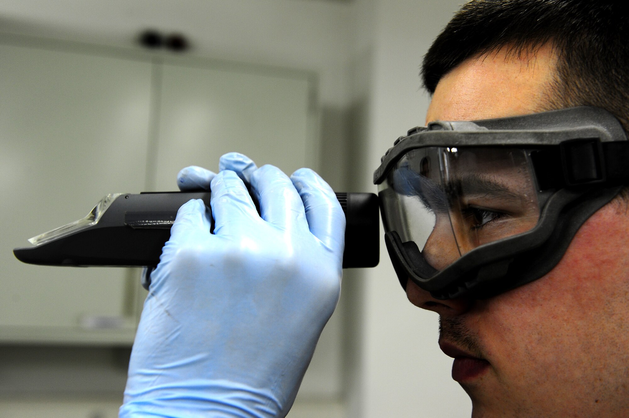 Air Force Senior Airman Michael Mandelbaum, 86th Logistics Readiness
Squadron fuels laboratory technician, verifies the quality of aircraft fuel
Distributed at Ramstein, Ramstein Air Base, Germany, March 6, 2012. The lab 
team is comprised of three highly trained Airmen who sampled over 131
million gallons of fuel in fiscal year 2011 by performing over 4,500
individual analyses. (U.S. Air Force photo/Airman Brea Miller)