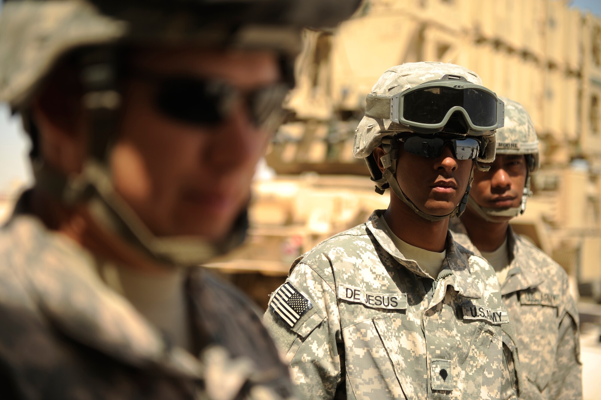 SOUTHWEST ASIA – U.S. Soldiers from the Bravo 5-52nd Air and Missile Defense Battery listen to orders before performing a crew drill here March 6, 2012. The Soldiers train frequently to maintain the occupational proficiently and prepare for real-world threats. (U.S. Air Force photo/Staff Sgt. Nathanael Callon)