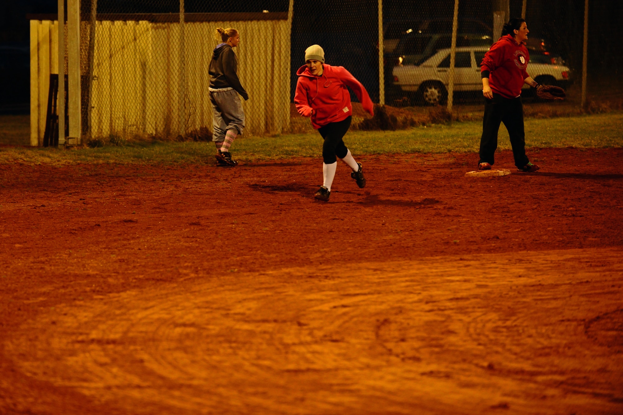 SPANGDAHLEM AIR BASE, Germany – Brett Shannon runs to home base during Spangdahlem Lady Sabers varsity softball team tryouts at varsity field 1 here March 7. The softball team held tryouts until March 9. The varsity softball team competes in tournaments throughout Europe playing against other Air Force, Army and Navy teams. (U.S. Air Force photo by Airman 1st Class Matthew B. Fredericks/Released)
