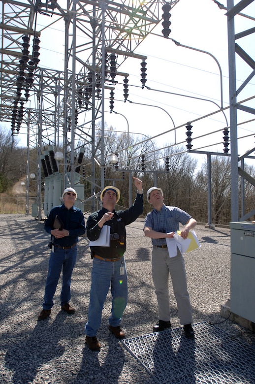 CARTHAGE, Tenn. — Scott D. Cotner (middle), senior electrical engineer at the Hydroelectric Design Center in Portland, Ore., Kevin Florence (right), HDC electrical engineer, and James Graham, senior electrical engineer for the U.S. Army Corps of Engineers Nashville District Engineering Design Group, inspect electrical equipment at the Cordell Hull Dam Switchyard here, March 6, 2012. A combined team from the Nashville District and HDC, which is the Corps’ national center of excellence for hydroelectric and large pumping plant engineering services, is performing a district-wide assessment of the switchyards at nine hydropower project sites.