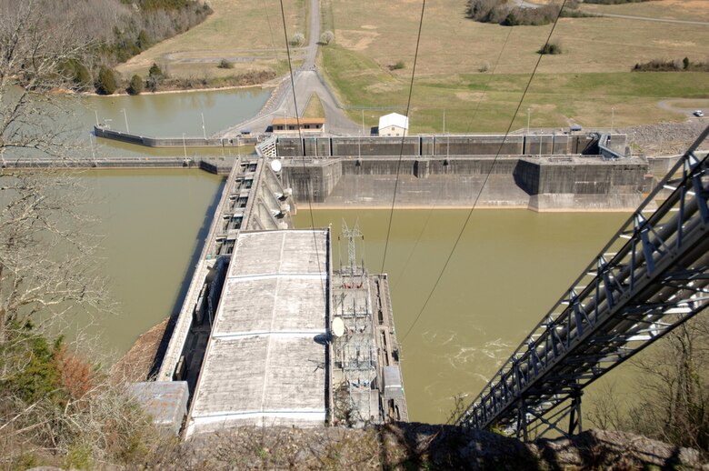 CARTHAGE, Tenn. — This is a view of Cordell Hull Lock and Dam from high above where the switchyard is located above the Cumberland River here., March 6, 2012. A combined team from the Nashville District and the Hydroelectric Design Center in Portland, Ore., which is the Corps’ national center of excellence for hydroelectric and large pumping plant engineering services, visited the Cordell Hull Dam Switchyard and is performing a district-wide assessment of the switchyards at nine hydropower project sites. 