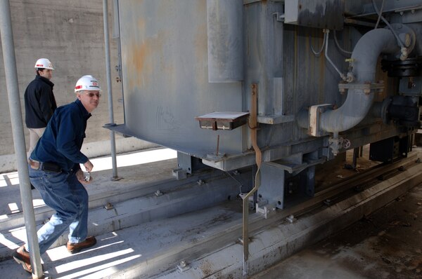 CARTHAGE, Tenn. — Ryan Frye (left), U.S. Army Corps of Engineers Nashville District Hydropower Branch maintenance manager, and James Graham, senior electrical engineer for the Nashville District Engineering Design Group, inspect a transformer at Cordell Hull Dam here, March 6, 2011.  The Nashville District and Hydroelectric Design Center in Portland, Ore., which is the Corps’ national center of excellence for hydroelectric and large pumping plant engineering services, are working together on a district-wide assessment of the district's nine switchyards. 