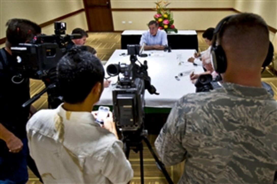Defense Secretary Leon E. Panetta answers questions from reporters in Honolulu, March 8, 2012, about the importance of Hawaii in the U.S. Pacific strategy. Panetta is visiting Hawaii to attend the change-of-command ceremony today for the U.S. Pacific Command, where Navy Adm. Robert F. Willard will relinquish command to Navy Adm. Samuel J. Locklear III.