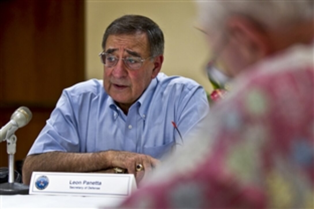 Defense Secretary Leon E. Panetta answers questions from reporters in Honolulu, March 8, 2012, about the importance of Hawaii in the U.S. Pacific strategy. Panetta is visiting Hawaii to attend the change-of-command ceremony for the U.S. Pacific Command, where Navy Adm. Robert F. Willard will relinquish command to Navy Adm. Samuel J. Locklear III.