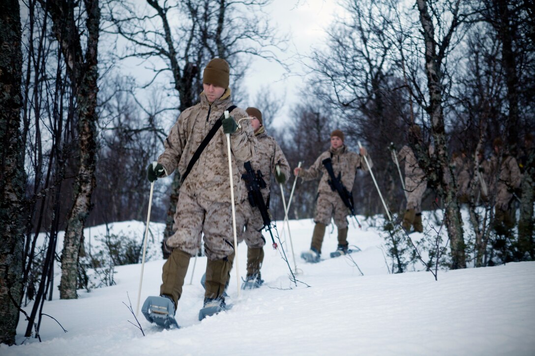 Marines with Company K, 3rd Battalion, 24th Marine Regiment, 4th Marine Division, practice walking with snowshoes at the Allied Training Center here, March 9. Company K was in Norway March 4-24 for Exercise Cold Response 2012. The multinational invitational event focused on rehearsing conventional-warfare operations in winter conditions and exercising interoperability with the NATO allies. (U.S. Marine Corps photo by Lance Cpl. Marcin Platek)