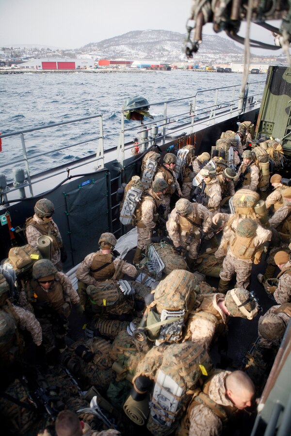 Marines with Company K, 3rd Battalion, 24th Marine Regiment, 4th Marine Division prepare to debark a Dutch landing craft utility, March 9. The LCU carried them from Her Netherlands Majesty's Ship Rotterdam. Company K was in Norway March 4-24 for Exercise Cold Response 2012. The multinational invitational event focused on rehearsing conventional-warfare operations in winter conditions and exercising interoperability with the NATO allies. (U.S. Marine Corps photo by Lance Cpl. Marcin Platek)