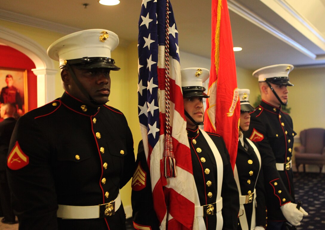 Marine Corps Base Camp Lejeune’s color guard presented the colors to open the Seabee Ball at the base Paradise Point Officers’ Club, March 10. The crowd came to attention at the end of the evenings’ ceremony while the color guard retired the colors.