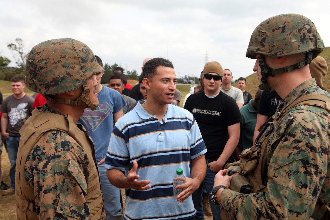 1st Lt. Matt Halligan, motor transportation officer with Combat Logistics Battalion 31, 31st Marine Expeditionary Unit (right), speaks with the leader of a fictional nomadic village during a mock humanitarian assistance and disaster relief operation here, March 10. Part of the MEU’s certification exercise and including elements of Battalion Landing Team 1st Battalion, 4th Marines and CLB 31, the HADR spanned three days. Following the completion of CERTEX, the 31st MEU will continue their deployment in the Asia-Pacific region. The 31st MEU is the only continuously forward-deployed MEU and remains the nation’s force in readiness in the Asia-Pacific region.
