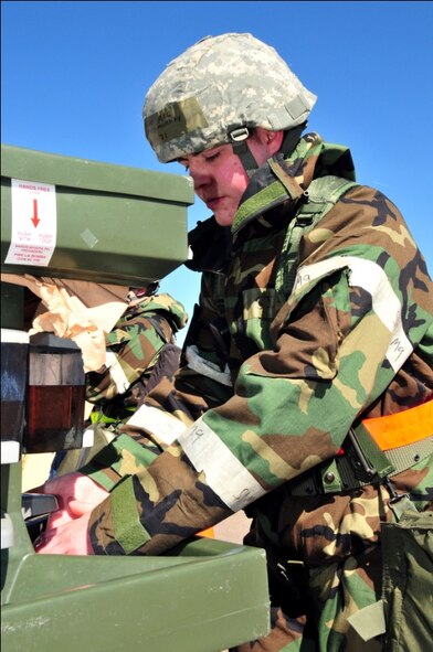 U.S. Air Force Senior Airman assigned to the 140th Vehicle Maintenance Squadron, washes his hands before lunch during an Operational Readiness Exercise at Buckley Air Force Base, Colo., March 9, 2012. Colorado Air Guardsmen are taking part in the exercise to evaluate their mission readiness in preparation for real world deployments as well as the upcoming Operational Readiness Inspection in May.  (U.S. Air Force photo by Tech. Sgt. Wolfram M. Stumpf)