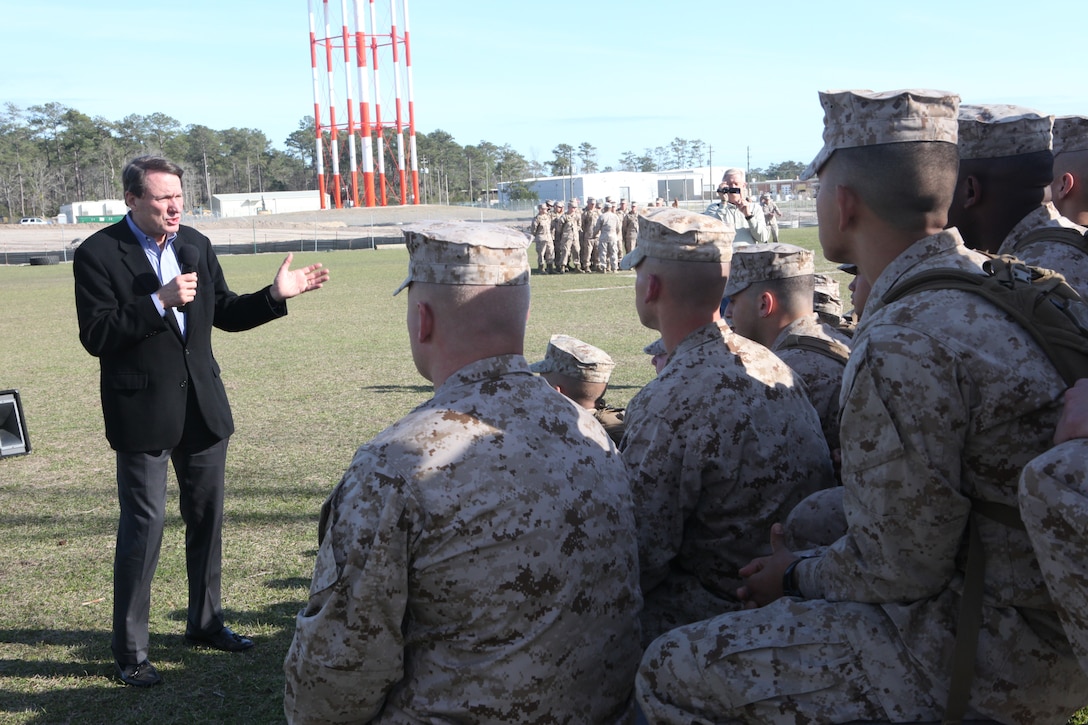 Phil Downer, the president of Discipleship Network of America, speaks to Marine Corps combat engineer students aboard Marine Corps Base Camp Lejeune, March 10. Downer visited the base and gave speeches to service members, families, various units and commands during a three-day tour.