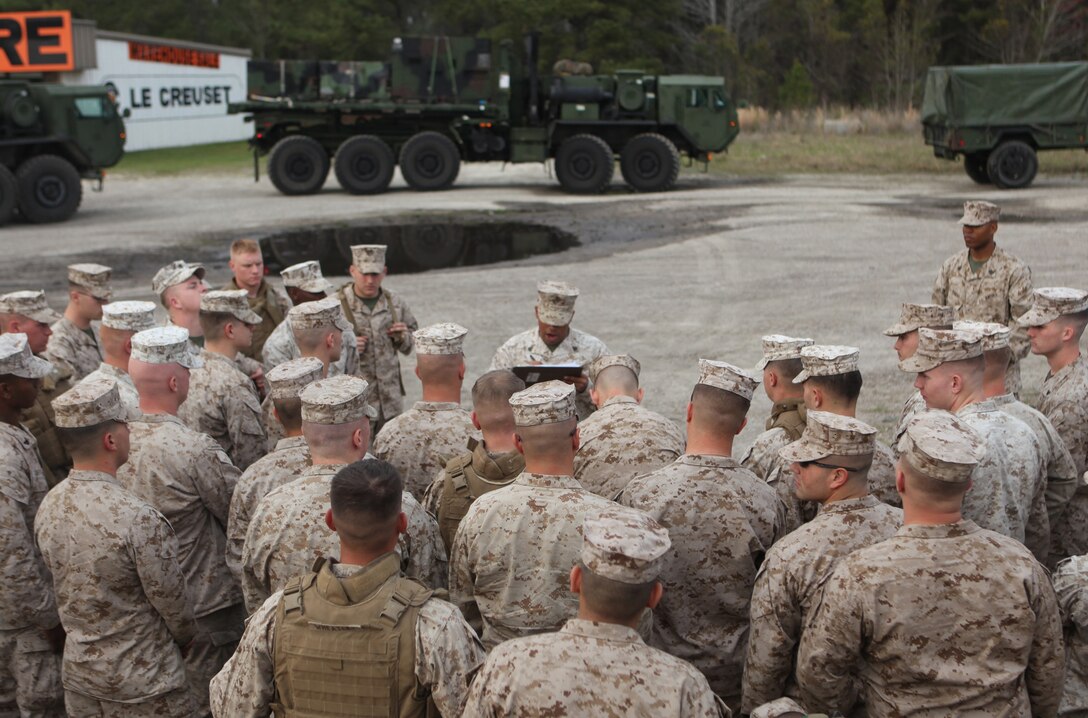 Marines and sailors with Combat Logistics Battalion 8, 2nd Marine Logistics Group gather up for an accountability formation during a long-range convoy in Beaufort, S.C., March 12, 2012.  The troops drove more than 1,000 miles during a six-day exercise in order to test the battalion’s mission essential tasks, which consisted of basic warrior skills, recovery procedures, distribution and repairs, as well as evacuation techniques and motor vehicle operations.