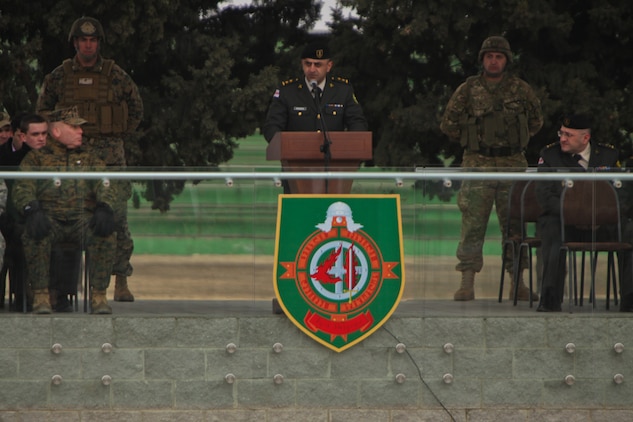 Lt. Col. Merab Kikabidze, director of the Joint Staff, Ministry of Defense, Georgian Armed Forces, addresses the Black Sea Rotational Force and soldiers from the 4th Infantry Brigade, Georgian Land Forces, during the opening ceremony of Operation Agile Spirit.