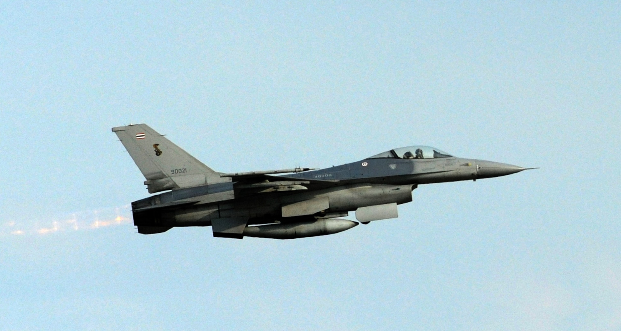 A Royal Thai Air Force F-16 Fighter Interceptor takes off here at Korat Royal Thai Air Force Base, Thailand, Mar. 12. The Thai Airmen are with more than 1,600 personnel participating in Cope Tiger 2012, a large force air employment trilateral exercise between the Royal Thai Air Force, Republic of Singapore Air Force and U.S.  Air Force. The exercise is designed to enhance readiness and combined/joint interoperability between U.S. Forces, allies and partners in the Asia-Pacific region. (U.S. Air Force photo/Capt David Herndon)