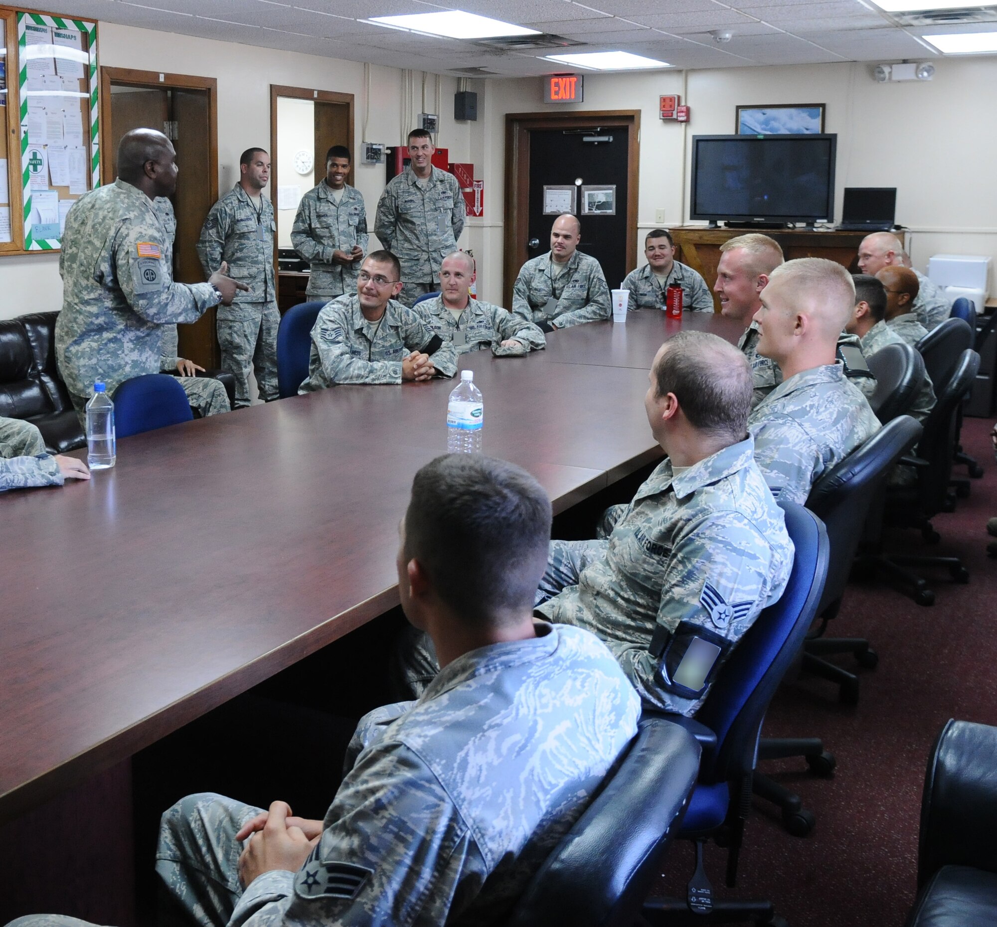 ANDERSEN AIR FORCE BASE, Guam-  Command Sgt. Maj. Patrick Alston, U.S. Strategic Command's Senior Enlisted Leader, speaks with ammo Airmen during a visit with Team Andersen, Mar. 8. The leaders visited multiple shops on Team Andersen, boosting morale and letting everyone know how proud they are. (U.S. Air Force photo/Senior Airman Carlin Leslie)