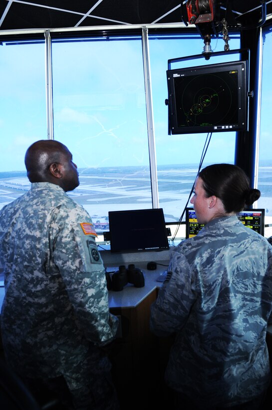 ANDERSEN AIR FORCE BASE, Guam- Command Sgt. Maj. Patrick Alston, U.S. Strategic Command's Senior Enlisted Leader (left), visits Staff Sgt. Audra Banks, 36th Operations Support Squadron air traffic watch supervisor, during a Senior Enlisted Leaders visit, Mar. 8. While visiting Team Andersen the leaders spoke with deployed and permanent party members on the quality of life of Airmen and being a good wingman. (U.S. Air Force photo/Senior Airman Carlin Leslie)