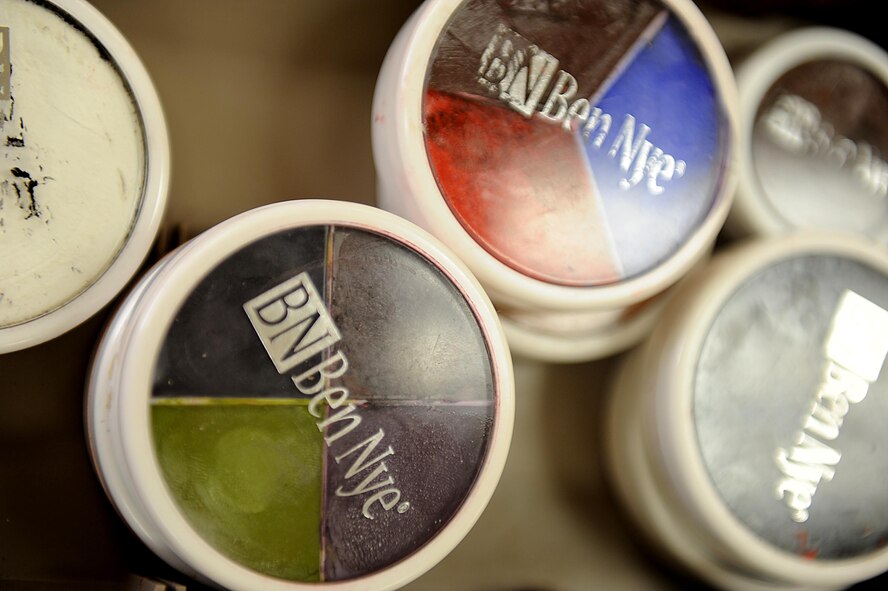 Stage makeup is neatly displayed before creating false wounds for training scenarios on Kadena Air Base, March 12, 2012. Kadena is participating in a local operational readiness exercise to prepare Shogun Airmen for possible real world contingencies. (U.S. Air Force photo/Airman 1st Class Brooke P. Beers/Released)