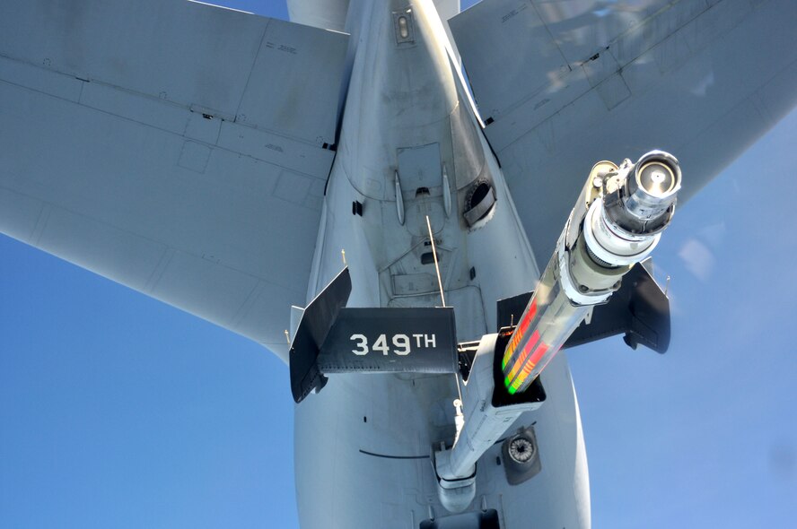 An aircrew from the 62nd Airlift Wing approaches a KC-10 Extender from the 349th Air Mobility Wing at Travis Air Force Base, Calif., to begin aerial refueling during a local training mission March 8, 2012, above Yakima Training Center, Wash. Combined, the capacity of the KC-10’s six fuel tanks carries more than 356,000 pounds of fuel, which is almost twice as much as the KC-135 Stratotanker. (U.S. Air Force photo by Airman 1st Class Leah Young/Released)