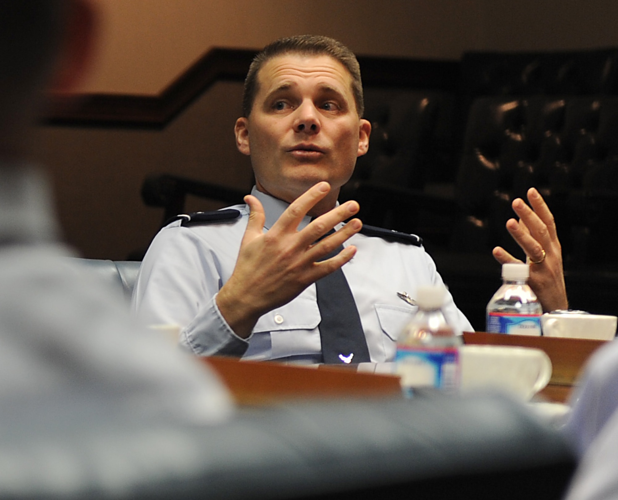 Col. Michael Hornitschek, 375th Air Mobility Wing commander, briefs Lt. Gen. Marc Rogers, Air Force inspector general, about the Scott Air Force Base mission Mar. 12.  Hornitschek, joined by other senior leaders from the wing, helped explain Scott's "Enabling Combat Power" mission. (U.S. Air Force photo/Airman 1st Class Divine Cox)  