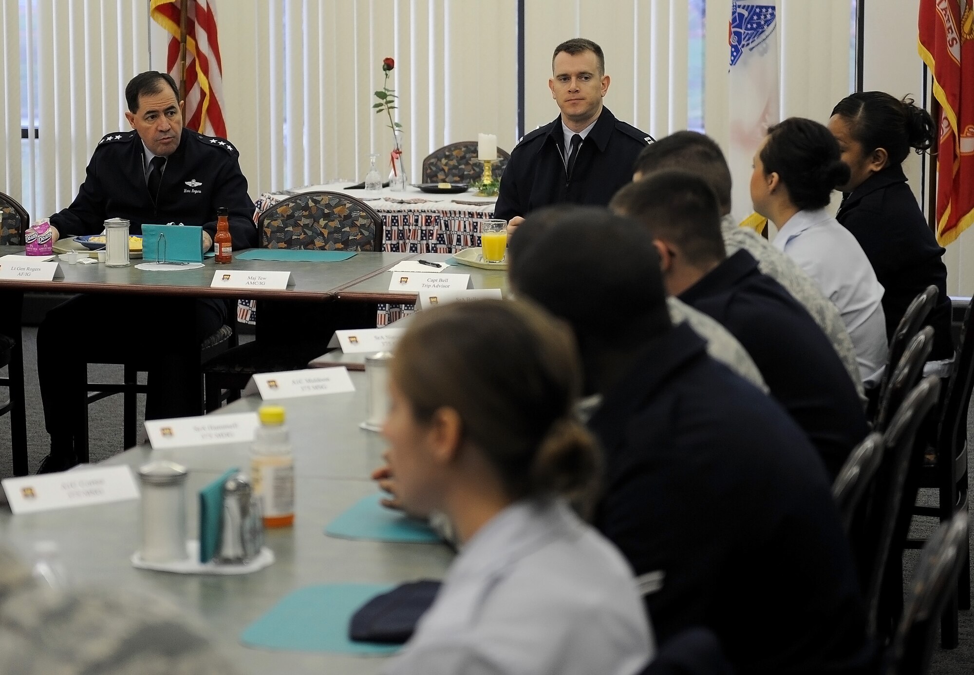 Lt. Gen. Marc Rogers, Air Force inspector general, meets with Airmen from the 375th Air Mobility Wing Mar. 12, 2012 at the Nightingale Inn Dining Facility on Scott Air Force Base, Ill.  Airmen from across the installation were briefed on the mission of the Air Force inspector general. (U.S. Air Force photo/Airman 1st Class Divine Cox)