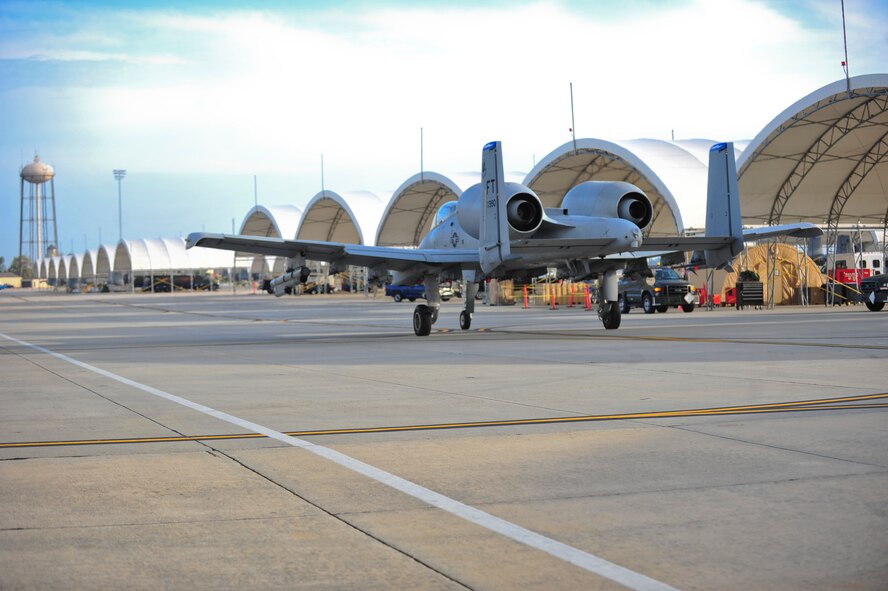 An  A-10C Thunderbolt II assigned to the 74th Fighter Squadron taxis for flight during an operational readiness exercise March 7, 2012, at Moody Air Force Base, Ga. This was the last ORE before the operational readiness inspection scheduled the end of the month. (U.S. Air Force photo by Staff Sgt. Stephanie Mancha/Released)
