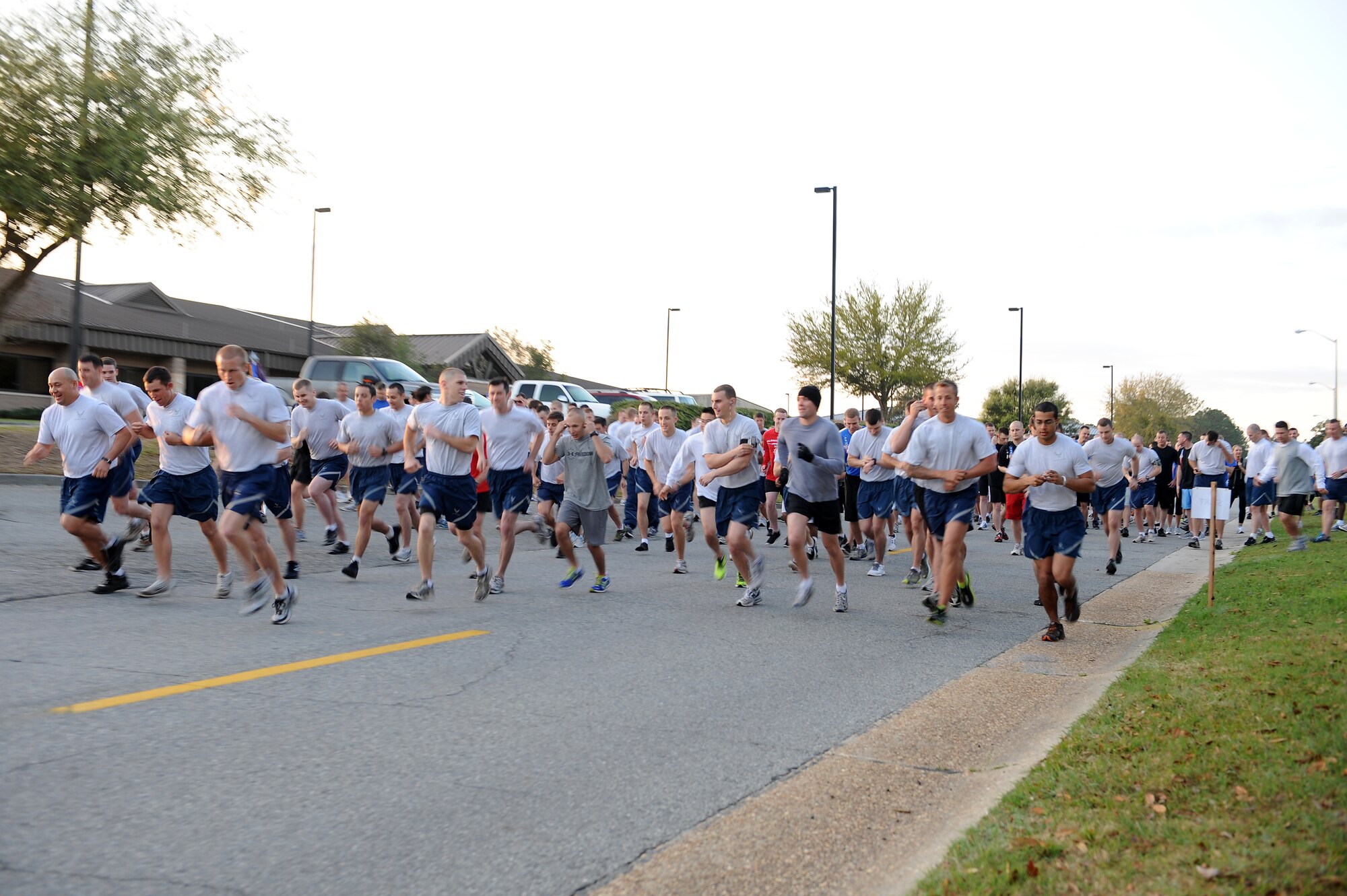 U.S. Air Force Airmen begin a 10K workout in honor of Senior Airman Jason D. Cunningham at Moody Air Force Base, Ga., March 9, 2012. The workout included different exercises and a six-mile run. More than 200 Airmen participated. (U.S. Air Force photo by Staff Sgt. Ciara Wymbs/Released)