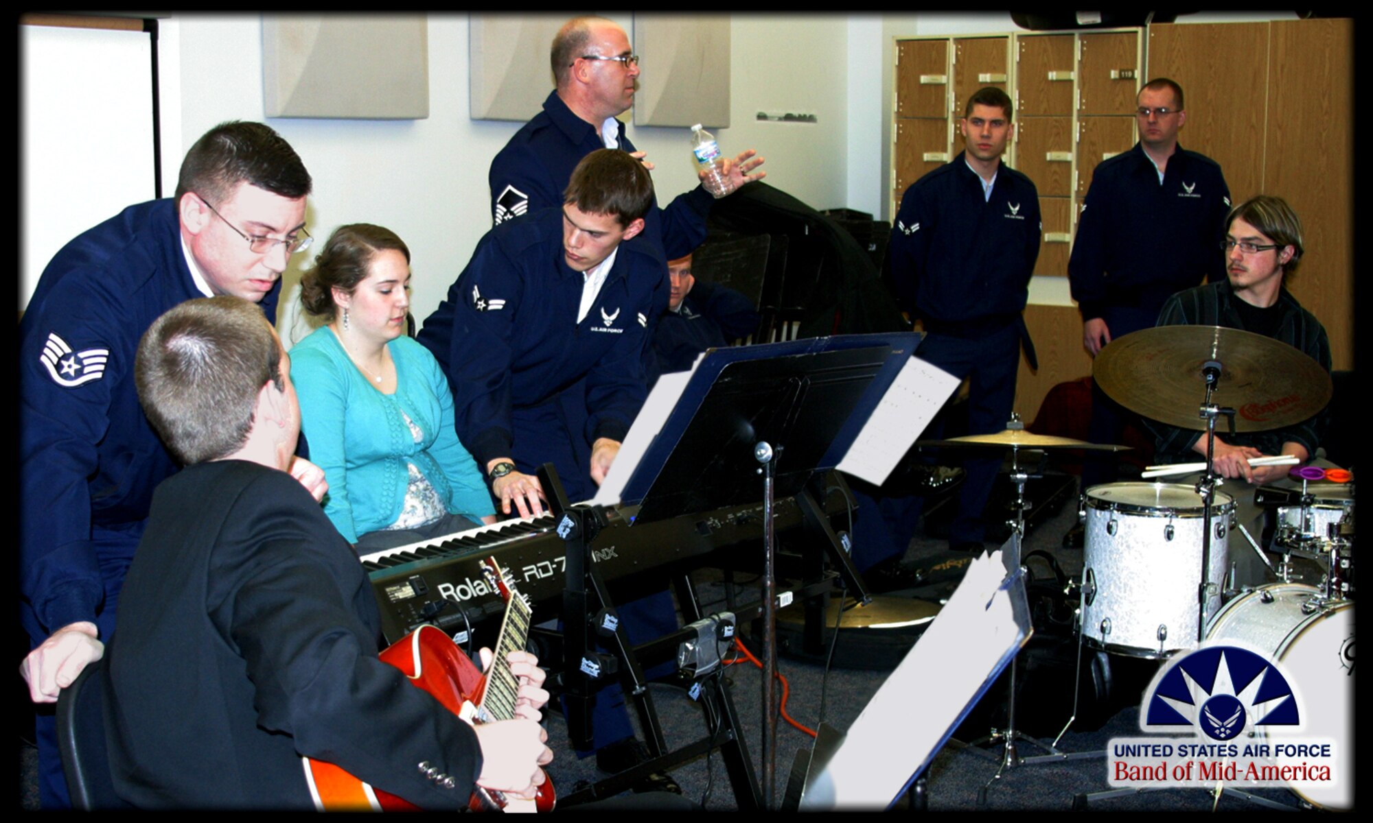 With an high ratio of AF Bandsmen to music students of Murray State University Jazz Band, members of the Band of Mid-America provided a two-hour master class on March 27, 2012.  Bandsmen of many shreds - piano, guitar, drums, trumpet, sax, trombone, bass and more - mentored students on technique, ensemble skills and sound while exhibiting Air Force professionalism and community support. (Photo courtesy/SrA Carmen Emborski)