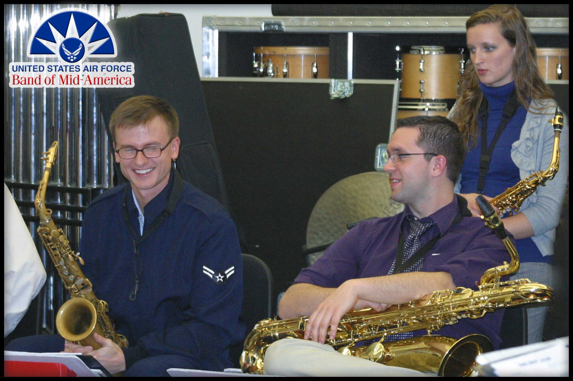 A1C Kristian Baarsvik, saxophonist of the Band of Mid-America "Shades of Blue" jazz ensemble, shares musical expertise and enjoyment with students of the Murray State University Jazz Band at a master class between AF Bandsmen and university musicians on March 27, 2012.  The visiting students received ensemble, sectional and individual advice from AF professionals, strengthening the relationship between the Air Force and our regional community and showing the professionalism of our Airmen. (Photo courtesy/SrA Carmen Emborski)