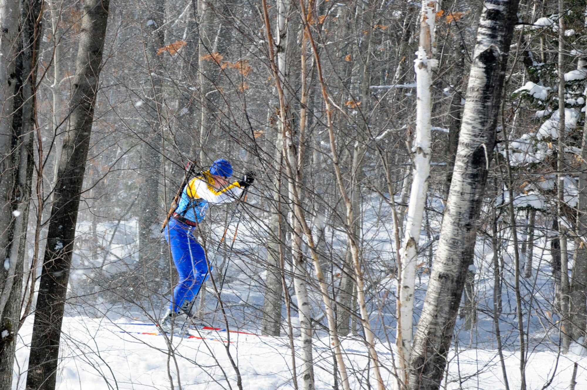 Senior Master Sgt. Jeffrey Soja of the 202nd Weather Flight, Otis Air National Guard Base, Mass., skis the designated course during the National Championships at the Camp Ethan Allen Training Site (CEATS) in Jericho, Vermont. (National Guard photo by Tech. Sgt. Kerri Cole/Released)