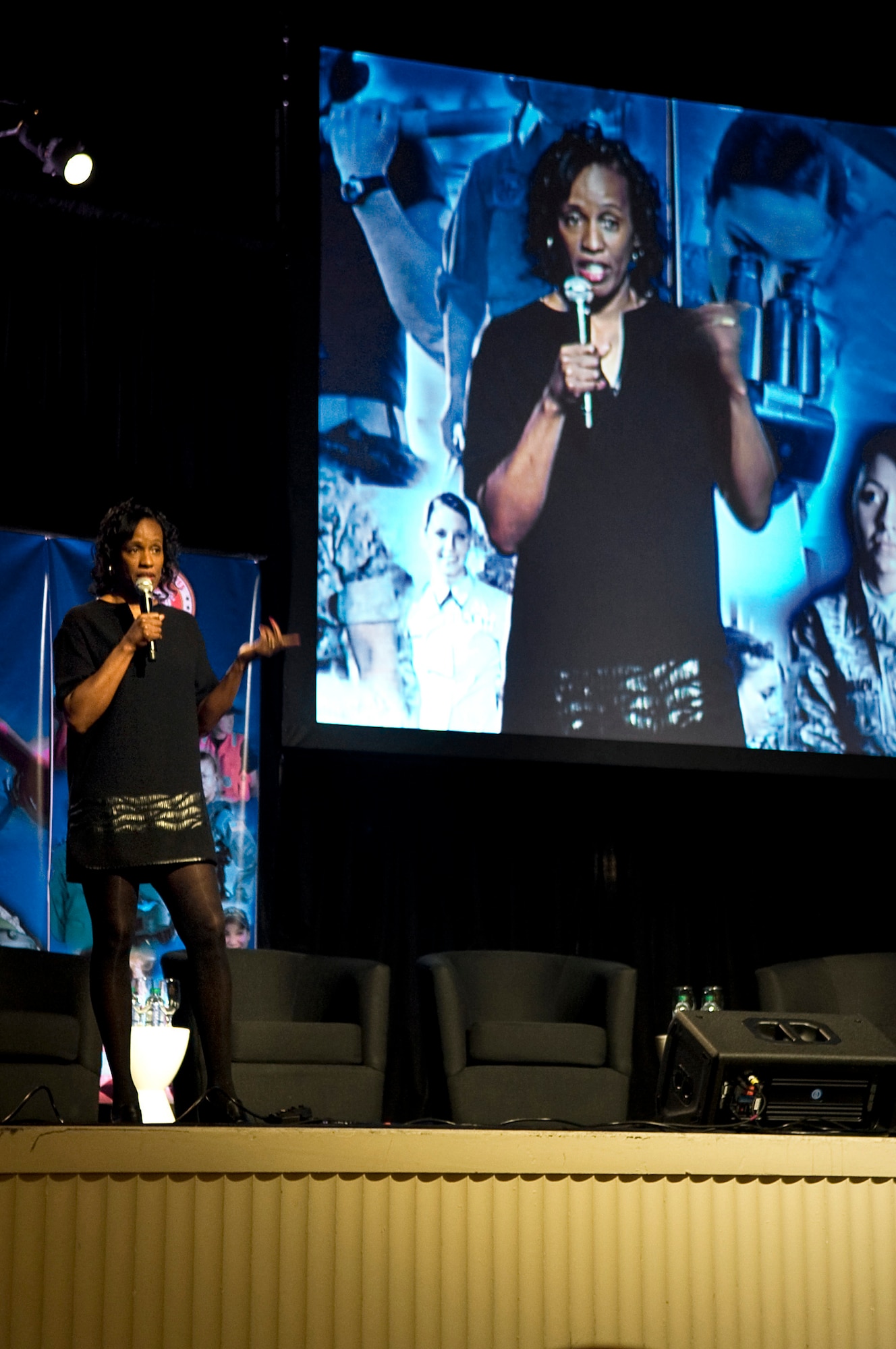 Jackie Joyner-Kersee, one of the most decorated female athletes of all-time, speaks of strength and courage during the Joint Women's Leadership Symposium Mar. 5, 2012, at the National Harbor in Washington, D.C. This event offered more than 1,700 women from all Service branches the opportunity to focus on professional and leadership development. (U.S. Air Force photo by Master Sgt. Jeanette Spain)