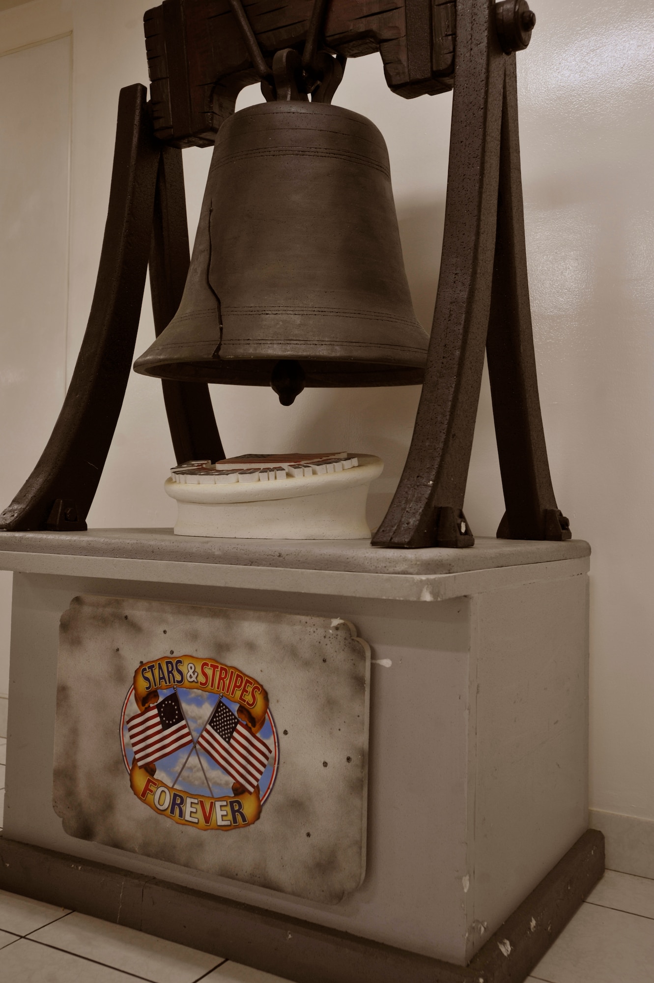 BAGRAM AIRFIELD, Afghanistan—A sculpture of the Liberty Bell, made completely out of styrofoam, sits in a corner of the Dragon Dining Facility at Bagram Airfield, Afghanistan, Feb. 14, 2012. Euigang Jung and Halder Biswajit, decoration designers with Fluor, a service and construction engineering company, design and create all the figurines, signs and ornaments that are on display in the Dragon Dining Facility out of recycled styrofoam. (U.S. Air Force photo/Airman 1st Class Ericka Engblom)