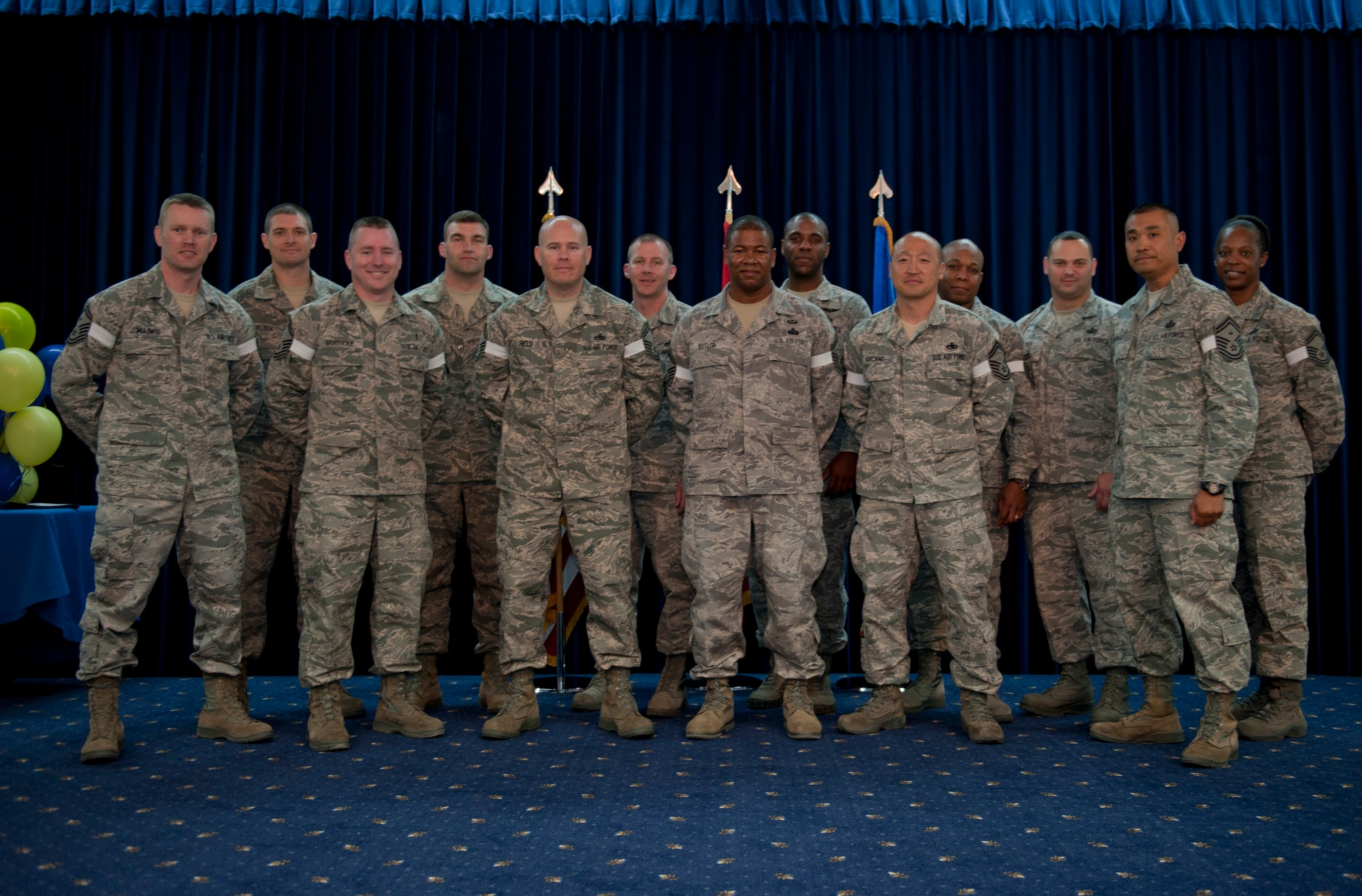 Team Incirlik recognizes 13 senior master sergeant selects March 9, 2012, at Incirlik Air Base, Turkey. Approximately 1,700 of the more than 12,000 eligible candidates were selected in the 12E8 cycle, representing nearly 14 percent. The average score for those selected was 670.44 with 4.12 years average time in grade and 19.27 years time in service. The average score was based on the following point averages: 134.99 for enlisted performance reports, 20.66 for decorations, 70.62 for the Air Force supervisory exam and 392.56 board score. (U.S. Air Force photo by Senior Airman Anthony Sanchelli/Released)