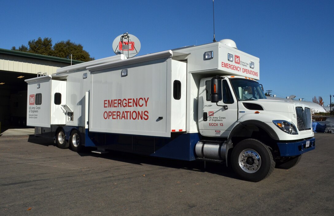 One of three new emergency command and control vehicle sits at a U.S. Army Corps of Engineers Sacramento District facility in West Sacramento, Calif., Nov. 30, 2011. All three ECCVs were received at the Sacramento District in early November 2011. The vehicles are part of the Corps’ deployable tactical operations system, designed to provide mobile command and communications centers that support the quick ramp-up of initial emergency response missions for the Corps. (U.S. Army photo by Carlos J. Lazo/Released)