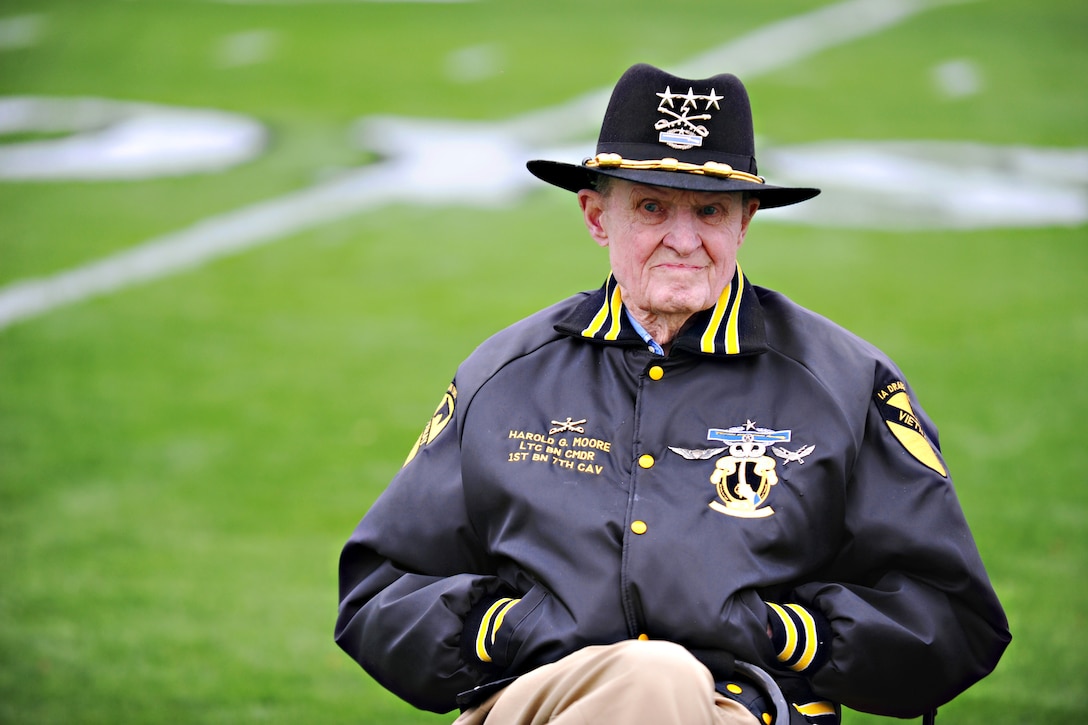 Retired Army Lt. Gen.Harold "Hal" Moore Jr. attends the U.S. Military Academy at West Point spring scrimmage at Doughboy Stadium on Fort  Benning, Ga., March 9, 2012. Moore, the author of "We Were Soldiers Once ... And Young," is known for his leadership as a lieutenant colonal in command of the 1st Battalion, 7th Cavalry Regiment at the Battle of  la Drang in Vietnam in 1965.