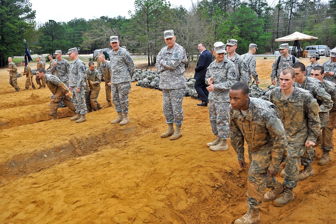 Army Chief of Staff Gen. Raymond T. Odierno and Maj. Gen. Robert B. Brown visit soldiers at the one station unit training, on Fort Benning, Ga., March 9, 2012.  OSUT is a training program in which recruits remain with the same unit for both basic combat training, and advanced on individual training.