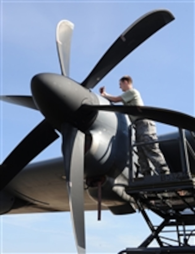 Staff Sgt. Thomas Johnson, a 19th Equipment Maintenance Squadron aerospace propulsion craftsman, finishes moving an engine propeller on a C-130J Super Hercules module at Little Rock Air Force Base, Ark., on Feb. 27, 2012.  Johnson re-paneled the aircraft after removing the propeller balance equipment during an inspection.  
