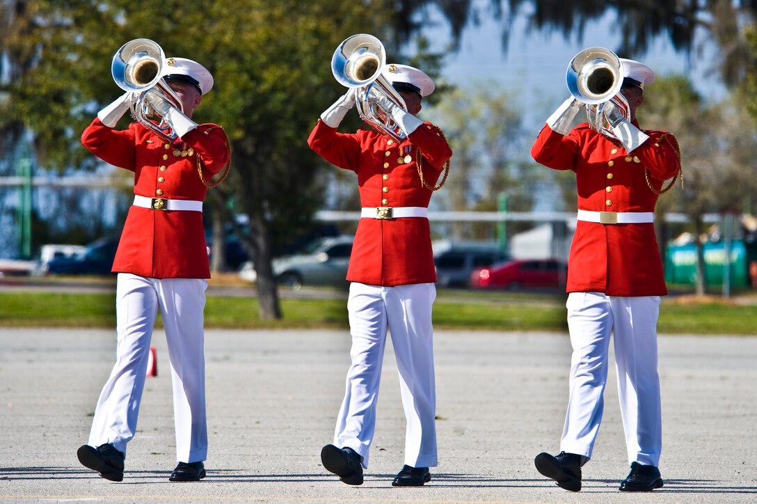 Buglers with the Marine Drum & Bugle Corps perform during a Battle Color Ceremony at Marine Corps Recruit Depot Parris Island, S.C., March 12, 2012.
