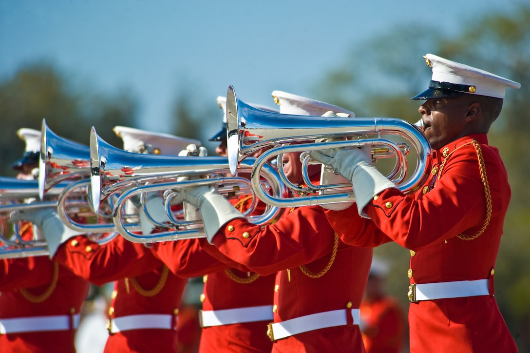 Cpl. Lawrence Terry, baritone bugler, plays with the Marine Drum & Bugle Corps during a Battle Color Ceremony at Marine Corps Recruit Depot Parris Island, S.C., March 12, 2012.