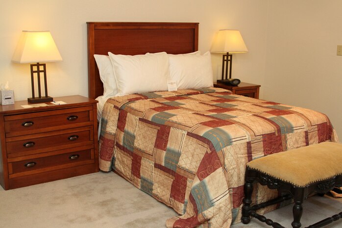 The interior of a master bedroom in a newly renovated Temporary Lodging Facility on Dunning Circle, Nellis Air Force Base, Nev. The renovations consisted of electrical work, painting, and new furnishing of the Temporary Lodging Facilities. (Courtesy photo)