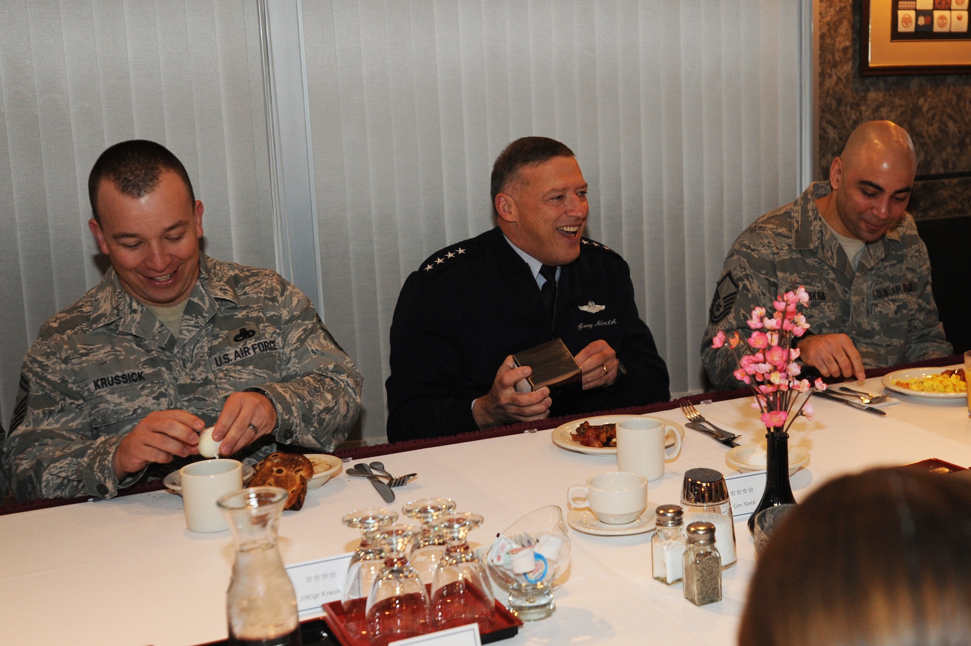 U.S. Air Force Gen. Gary North, Pacific Air Forces commander, speaks to Airmen during breakfast at the Grissom Dining Facility at Misawa Air Base, Japan, March 6, 2012. During the breakfast meeting, North had a chance to answer Airmen’s questions, as well as discuss current events within the Air Force. (U.S. Air Force photo by Airman Kenna Jackson/Released)